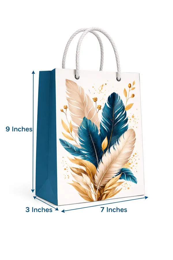 (PACK_OF_10)_Feather_Design_Gift_Bag_-_Teal_&_Gold