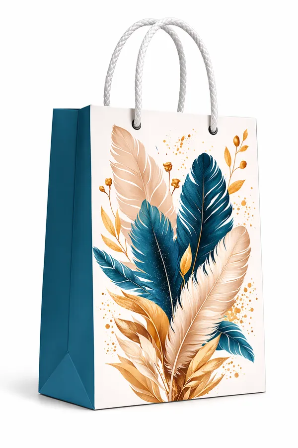 (PACK_OF_10)_Feather_Design_Gift_Bag_-_Teal_&_Gold