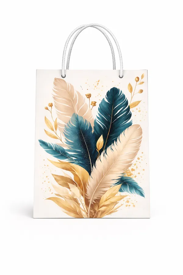 (PACK_OF_10)_Feather_Design_Gift_Bag_-_Teal_&_Gold
