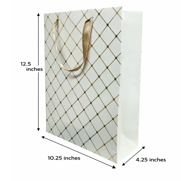 (PACK_OF_10)_Ivory_&_Gold_Diamond_Pattern_Gift_Bag_with_Ribbon_Handles