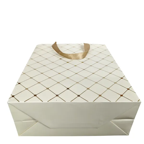 (PACK_OF_10)_Ivory_&_Gold_Diamond_Pattern_Gift_Bag_with_Ribbon_Handles