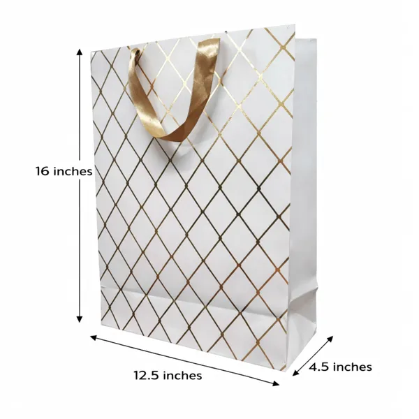 (Pack_of_10)_White_&_Gold_Diamond_Pattern_Gift_Bag_with_Ribbon_Handles