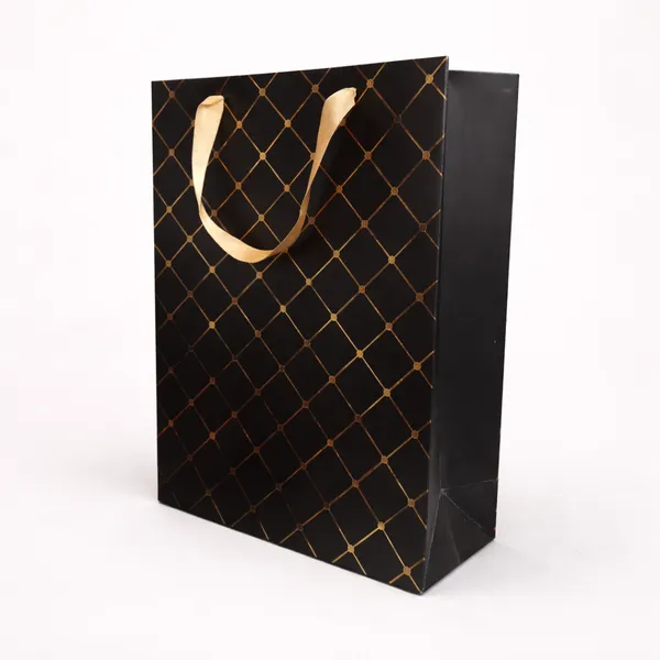 PACK_OF_10_Black_&_Gold_Diamond_Pattern_Gift_Bag_with_Ribbon_Handles