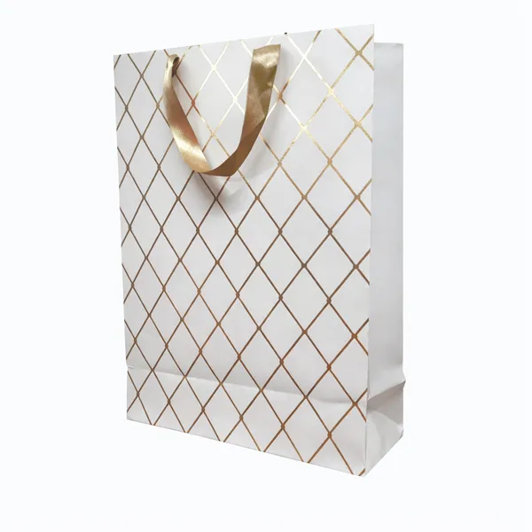 (Pack_of_10)_White_&_Gold_Diamond_Pattern_Gift_Bag_with_Ribbon_Handles