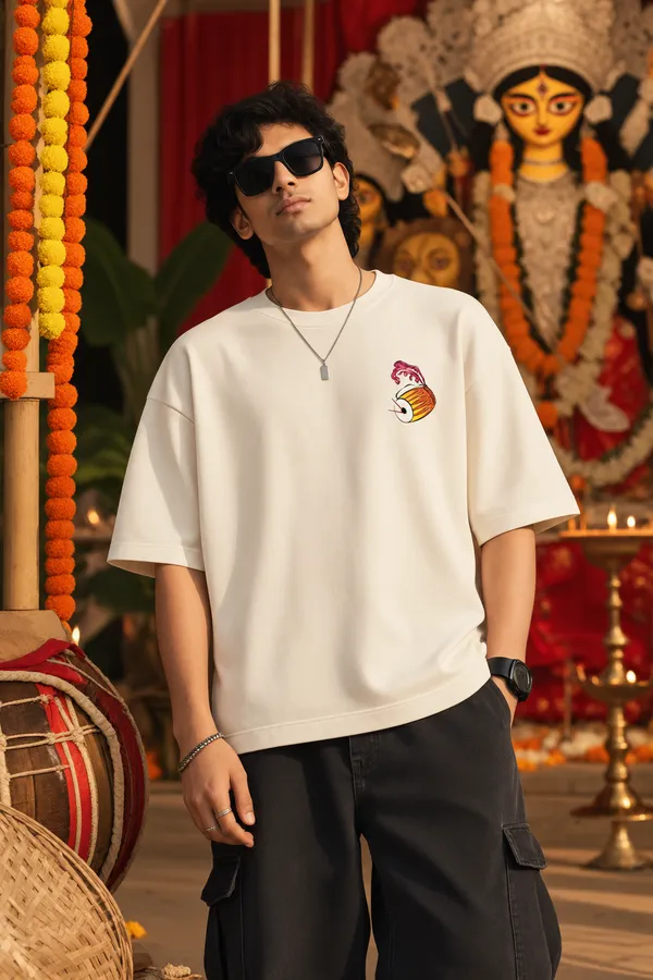 Dhak_&_Maa_Durga_Graphic_Festive_Oversized_T-Shirt_–_White