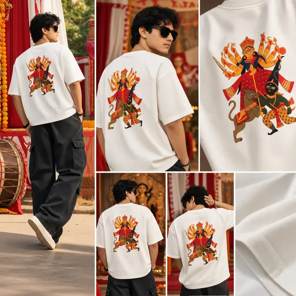 Dhak_&_Maa_Durga_Graphic_Festive_Oversized_T-Shirt_–_White