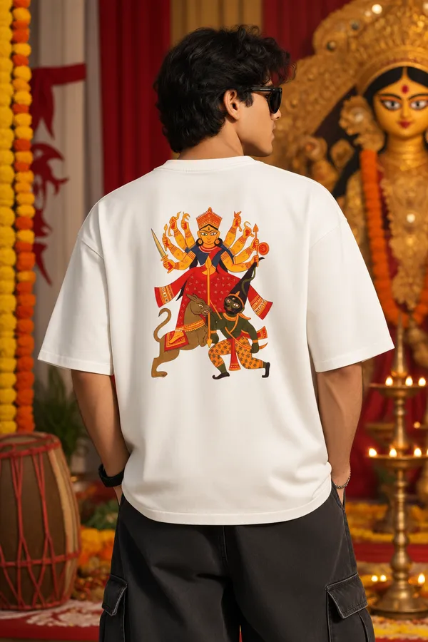 Dhak_&_Maa_Durga_Graphic_Festive_Oversized_T-Shirt_–_White