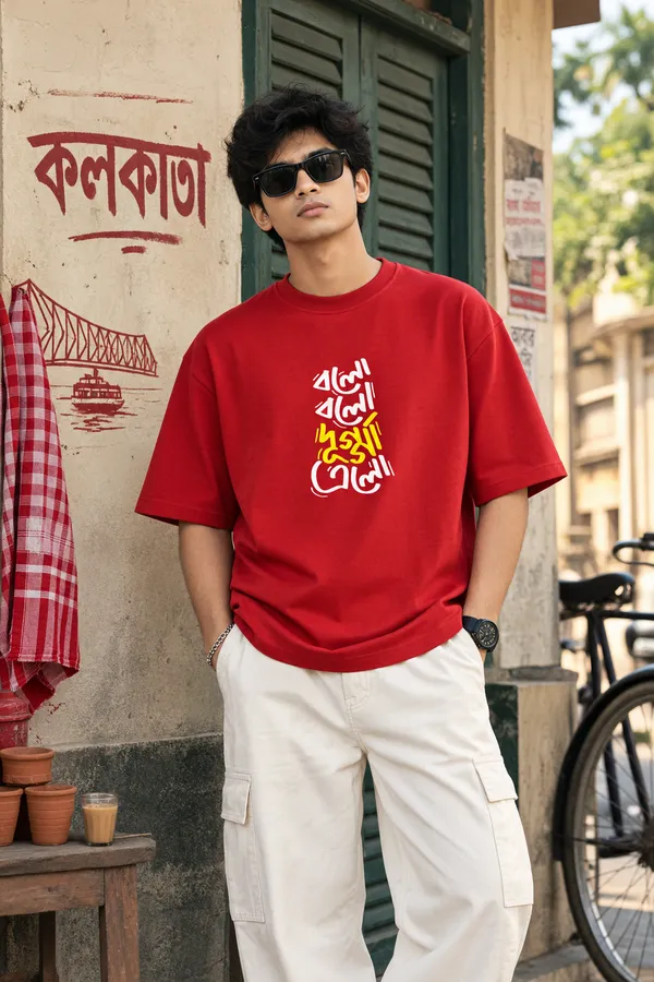 Giffy_Life_Bolo_Bolo_Dugga_Elo_Oversized_Tee_-_Red_Durga_Puja_Bengali_Calligraphy_Streetwear_T-Shirt