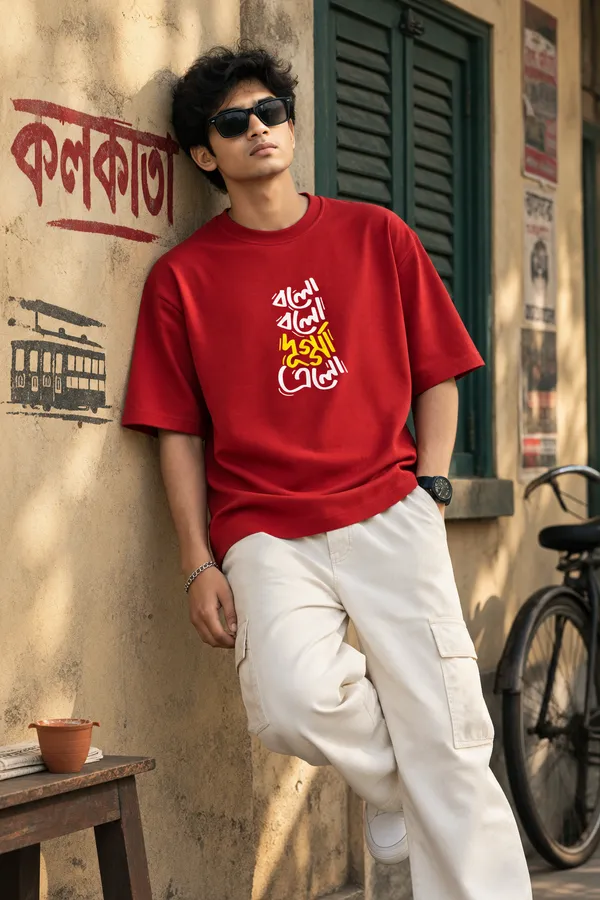 Giffy_Life_Bolo_Bolo_Dugga_Elo_Oversized_Tee_-_Red_Durga_Puja_Bengali_Calligraphy_Streetwear_T-Shirt