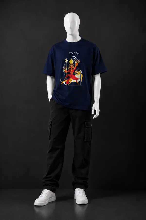 Giffy_Life_Durga_Puja_Edition_Oversized_Tee_-_Navy_Blue_Maa_Durga_Folk_Art_Streetwear_T-Shirt