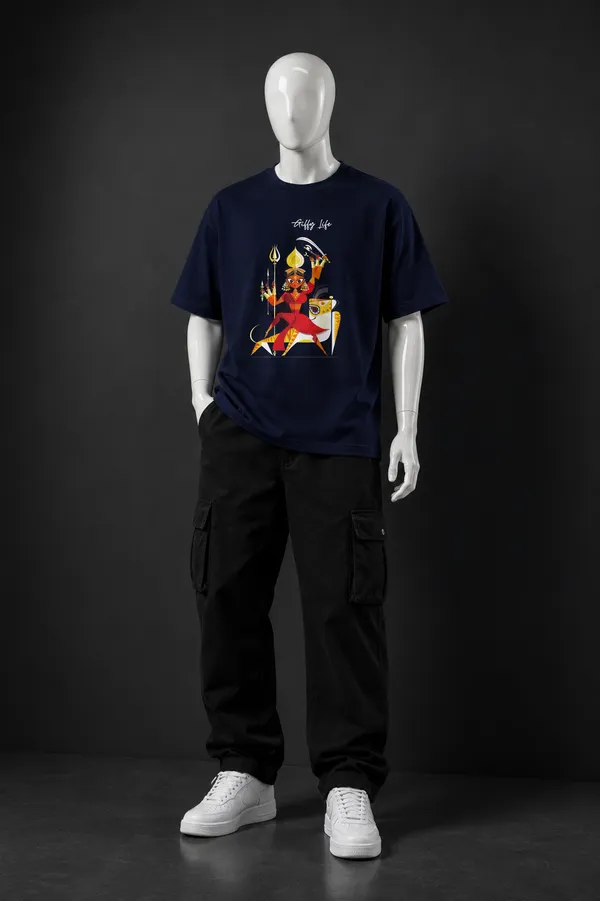 Giffy_Life_Durga_Puja_Edition_Oversized_Tee_-_Navy_Blue_Maa_Durga_Folk_Art_Streetwear_T-Shirt