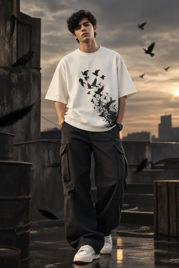Giffy_Life_Flying_Birds_Oversized_Tee_-_Off-White/_white_Ink_Splatter_Printed_Graphic_Streetwear_T-Shirt