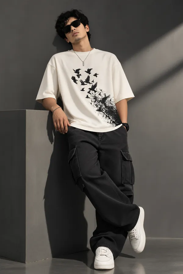 Giffy_Life_Flying_Birds_Oversized_Tee_-_Off-White/_white_Ink_Splatter_Printed_Graphic_Streetwear_T-Shirt