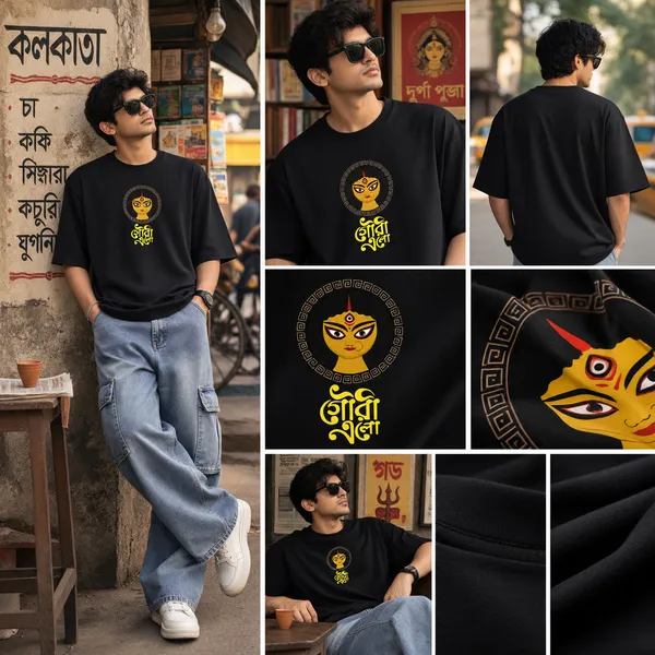 Giffy_Life_Gouri_Elo_Oversized_Tee_-_Black_Durga_Puja_Bengali_Calligraphy_Streetwear_T-Shirt