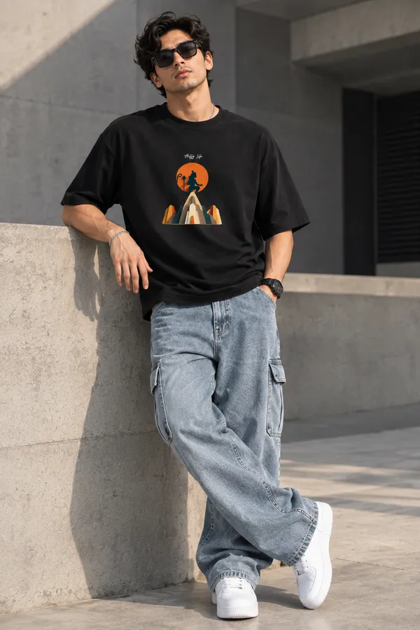 Giffy_Life_Hanuman_Mountain_Oversized_Tee_-_Black_Devotional_Minimalist_Graphic_Printed_Streetwear_T-Shirt
