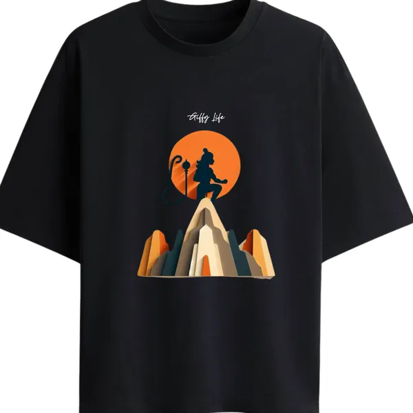Giffy_Life_Hanuman_Mountain_Oversized_Tee_-_Black_Devotional_Minimalist_Graphic_Printed_Streetwear_T-Shirt