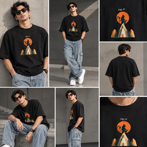 Giffy_Life_Hanuman_Mountain_Oversized_Tee_-_Black_Devotional_Minimalist_Graphic_Printed_Streetwear_T-Shirt