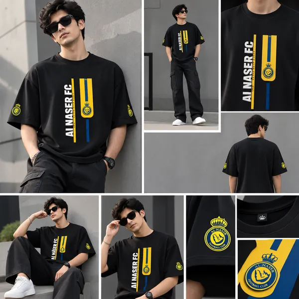 Giffy_Life_Men's_Black_Oversized_Graphic_T-Shirt_-_Drop_Shoulder_Cotton_Al_Nassr_FC_Yellow_Crest_Stripe_Football_Bloke-Core_Streetwear_Tee