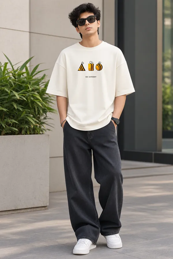 Giffy_Life_Men's_White_Oversized_Graphic_T-Shirt_-_Drop_Shoulder_Cotton_Geometric_Bee_Different_Pun_Chest_Print_Minimalist_Streetwear_Tee