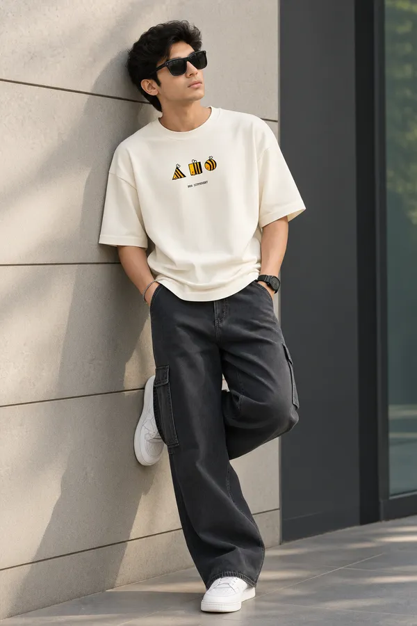 Giffy_Life_Men's_White_Oversized_Graphic_T-Shirt_-_Drop_Shoulder_Cotton_Geometric_Bee_Different_Pun_Chest_Print_Minimalist_Streetwear_Tee