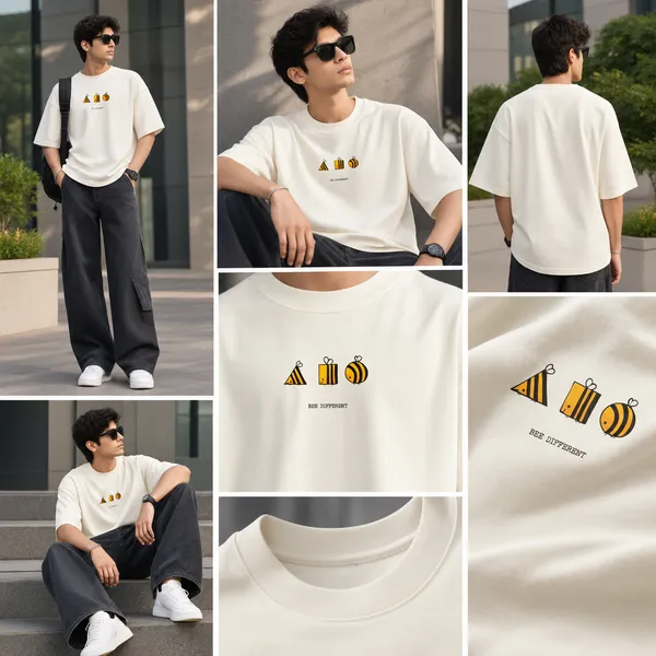 Giffy_Life_Men's_White_Oversized_Graphic_T-Shirt_-_Drop_Shoulder_Cotton_Geometric_Bee_Different_Pun_Chest_Print_Minimalist_Streetwear_Tee