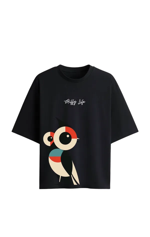 Giffy_Life_"Geometric_Owl"_Modern_Art_Black_Oversized_T-Shirt_|_Premium_Cotton_Abstract_Drop_Shoulder_Tee