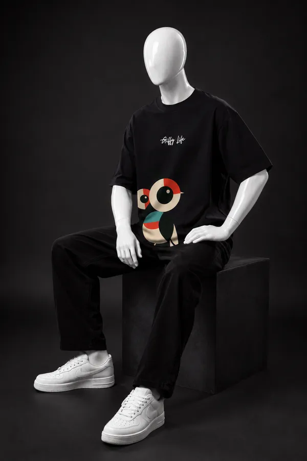 Giffy_Life_"Geometric_Owl"_Modern_Art_Black_Oversized_T-Shirt_|_Premium_Cotton_Abstract_Drop_Shoulder_Tee
