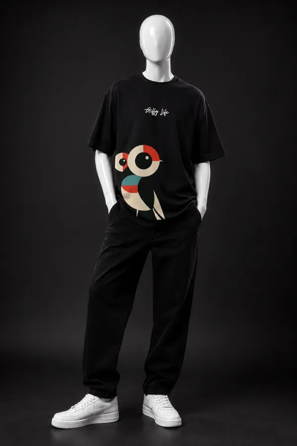 Giffy_Life_"Geometric_Owl"_Modern_Art_Black_Oversized_T-Shirt_|_Premium_Cotton_Abstract_Drop_Shoulder_Tee