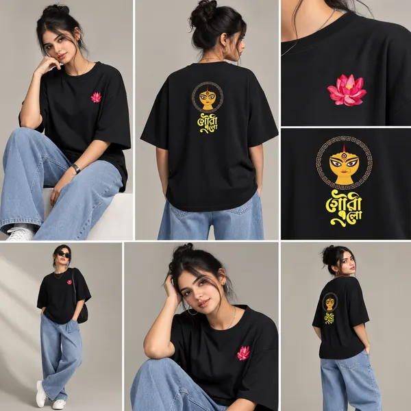 Giffy_Life_"Gouri_Elo"_Jet_Black_Oversized_T-Shirt_|_Premium_Heavyweight_Cotton_Bengali_Typography_&_Durga_Face_Back_Graphic_Drop_Shoulder_Tee