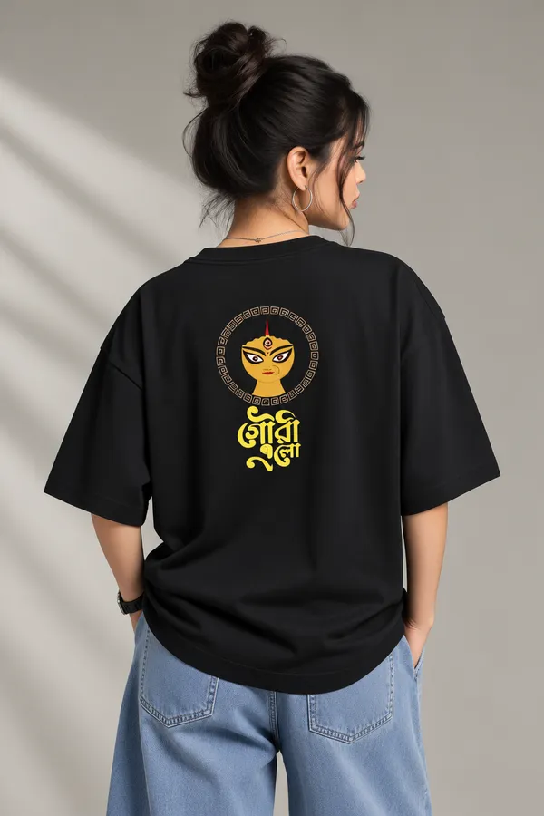 Giffy_Life_"Gouri_Elo"_Jet_Black_Oversized_T-Shirt_|_Premium_Heavyweight_Cotton_Bengali_Typography_&_Durga_Face_Back_Graphic_Drop_Shoulder_Tee