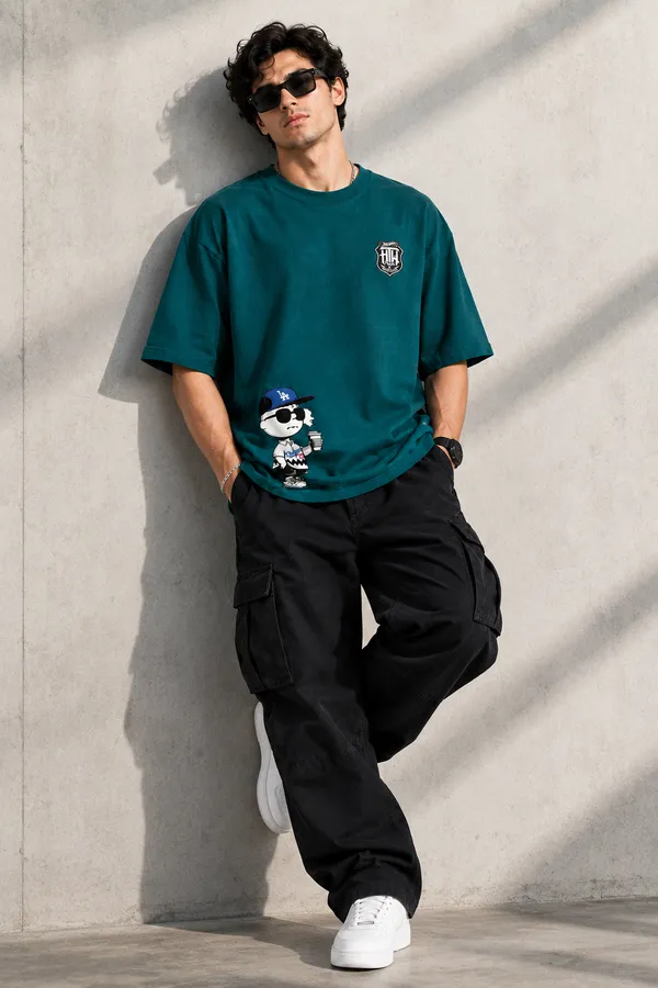 Giffy_Life_"Joe_Cool_LA"_Teal_Green_Printed_Oversized_T-Shirt_|_Premium_Heavyweight_Cotton_Snoopy_Dodgers_Graphic_Drop_Shoulder_Tee