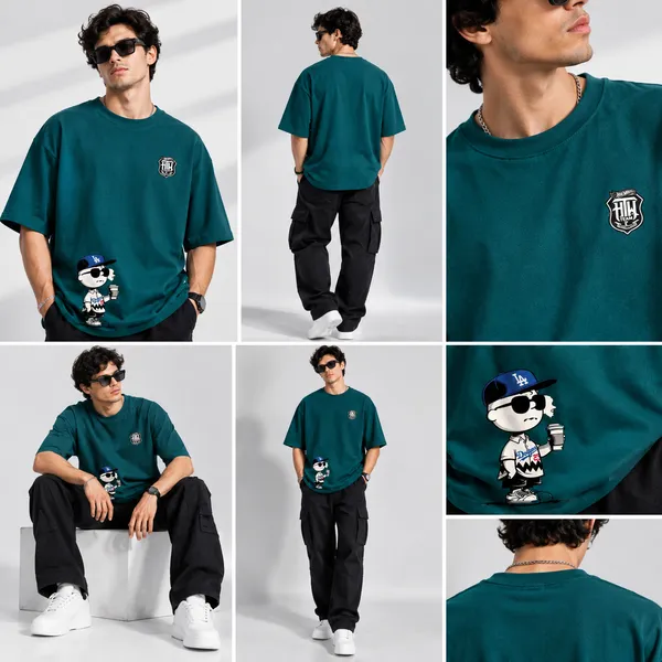 Giffy_Life_"Joe_Cool_LA"_Teal_Green_Printed_Oversized_T-Shirt_|_Premium_Heavyweight_Cotton_Snoopy_Dodgers_Graphic_Drop_Shoulder_Tee