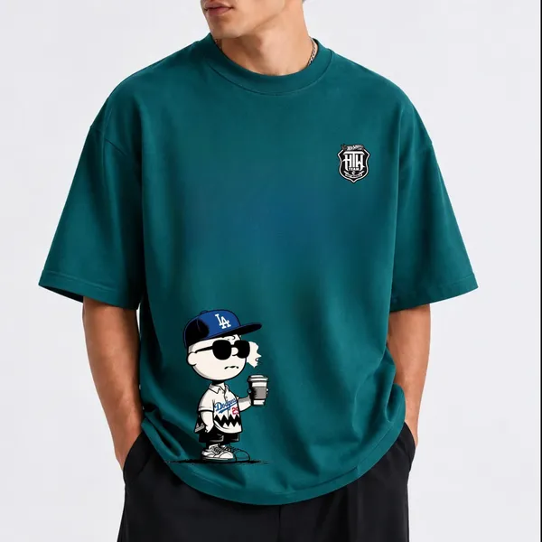 Giffy_Life_"Joe_Cool_LA"_Teal_Green_Printed_Oversized_T-Shirt_|_Premium_Heavyweight_Cotton_Snoopy_Dodgers_Graphic_Drop_Shoulder_Tee
