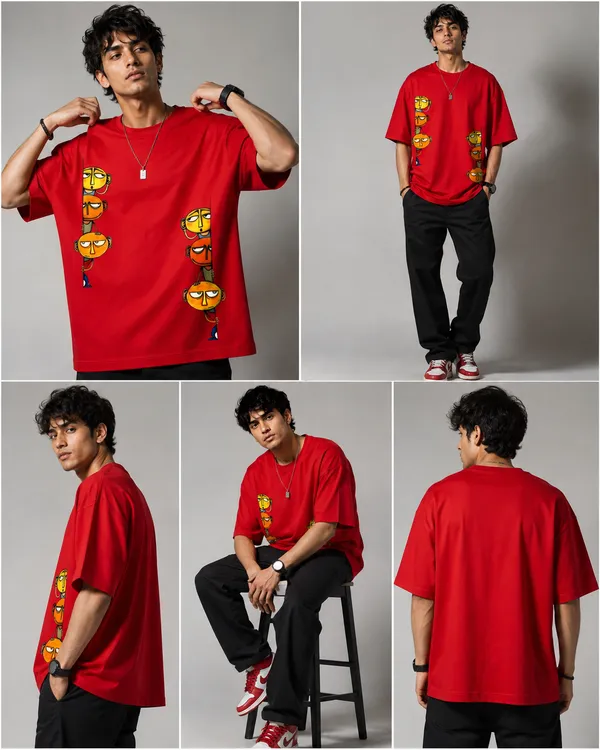 Giffy_Life_"Peeking_Faces"_Red_Oversized_T-Shirt_|_Premium_Cotton_Abstract_Graphic_Drop_Shoulder_Tee