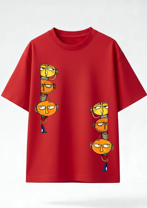 Giffy_Life_"Peeking_Faces"_Red_Oversized_T-Shirt_|_Premium_Cotton_Abstract_Graphic_Drop_Shoulder_Tee