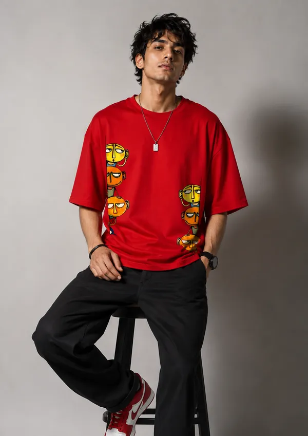 Giffy_Life_"Peeking_Faces"_Red_Oversized_T-Shirt_|_Premium_Cotton_Abstract_Graphic_Drop_Shoulder_Tee