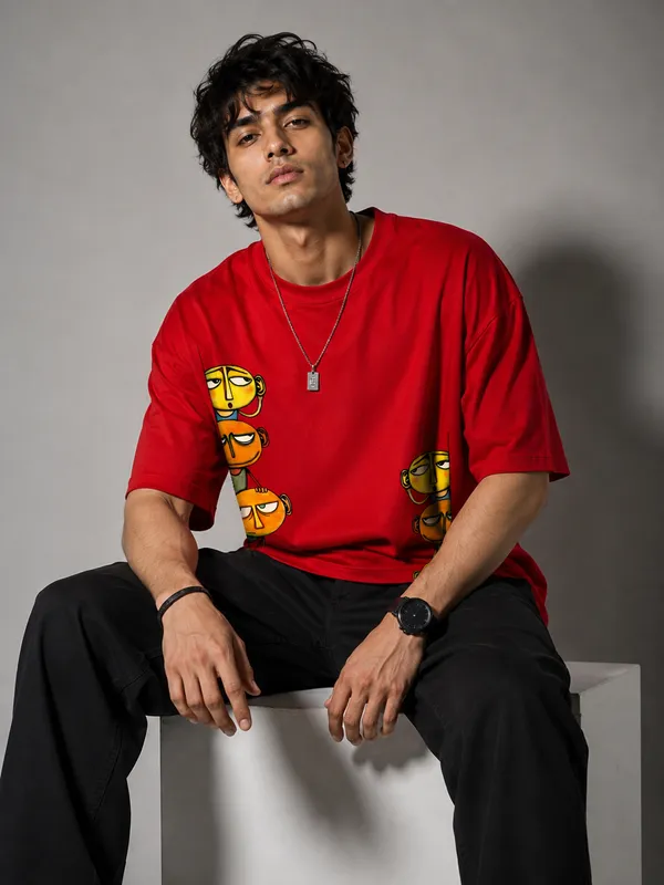 Giffy_Life_"Peeking_Faces"_Red_Oversized_T-Shirt_|_Premium_Cotton_Abstract_Graphic_Drop_Shoulder_Tee