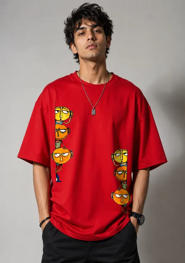 Giffy_Life_"Peeking_Faces"_Red_Oversized_T-Shirt_|_Premium_Cotton_Abstract_Graphic_Drop_Shoulder_Tee