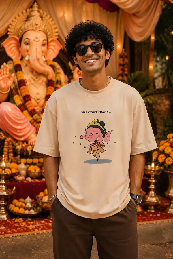 Lord_Ganesha_"Keep_Moving_Forward"_Beige_Oversized_T-Shirt
