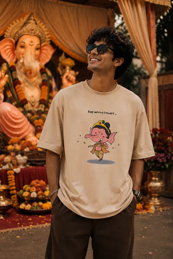 Lord_Ganesha_"Keep_Moving_Forward"_Beige_Oversized_T-Shirt