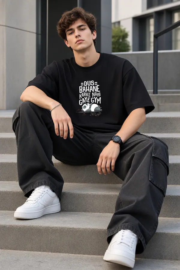 Men’s_Jet_Black_Oversized_"Dus_Bahane"_Gym_Quote_T-Shirt_|_Giffy_Life