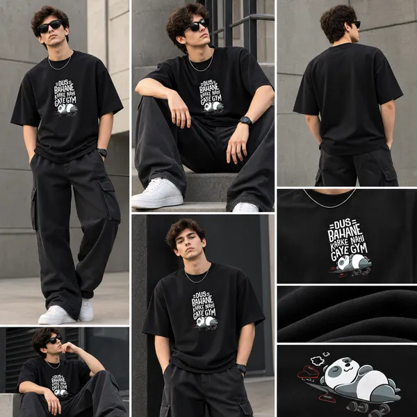 Men’s_Jet_Black_Oversized_"Dus_Bahane"_Gym_Quote_T-Shirt_|_Giffy_Life