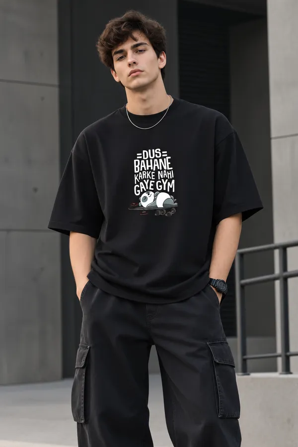 Men’s_Jet_Black_Oversized_"Dus_Bahane"_Gym_Quote_T-Shirt_|_Giffy_Life