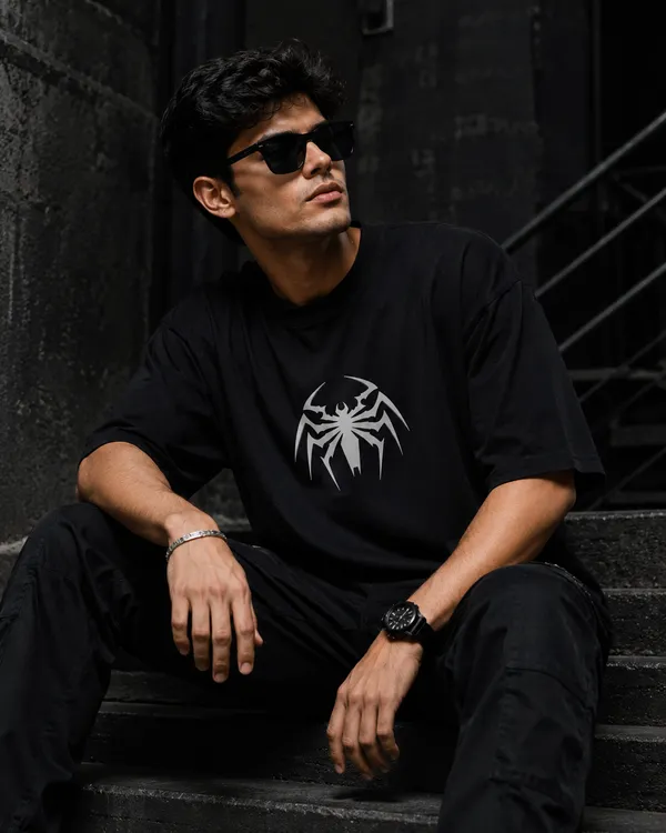Men's_Oversized_Graphic_T-Shirt_-_Black_Heavyweight_Crewneck_Tee_with_Metallic_Silver_Jagged_Spider_Logo,_Y2K_Grunge_Anti-Hero_Streetwear_Top