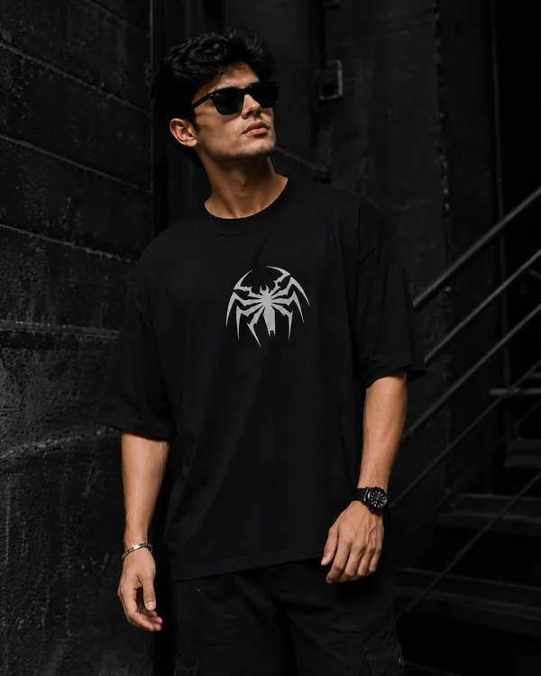 Men's_Oversized_Graphic_T-Shirt_-_Black_Heavyweight_Crewneck_Tee_with_Metallic_Silver_Jagged_Spider_Logo,_Y2K_Grunge_Anti-Hero_Streetwear_Top