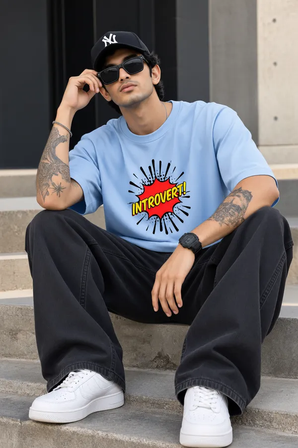 Men’s_Sky_Blue_Oversized_"INTROVERT"_Comic_Burst_T-Shirt
