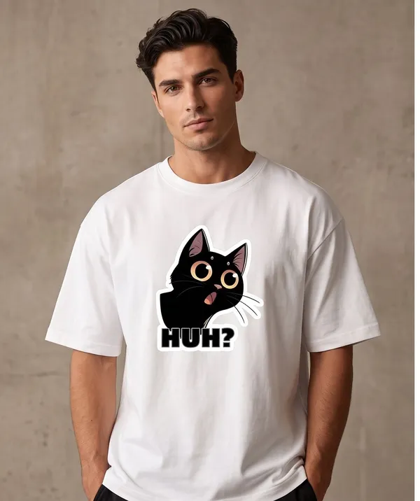 The_"Huh?"_Cat:_All-Day_Motivation_Graphic_Print_Round_Neck_Oversized_T_shirt