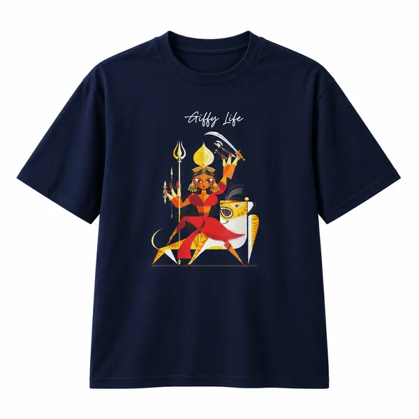 Giffy_Life_Durga_Puja_Edition_Oversized_Tee_-_Navy_Blue_Maa_Durga_Folk_Art_Streetwear_T-Shirt