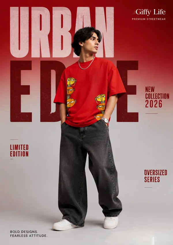 Giffy_Life_"Peeking_Faces"_Red_Oversized_T-Shirt_|_Premium_Cotton_Abstract_Graphic_Drop_Shoulder_Tee