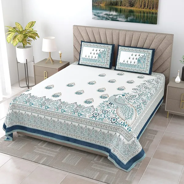 Peacock_Blue_Pure_Cotton_King_Size_Bedsheet_With_2_Pillow_Covers